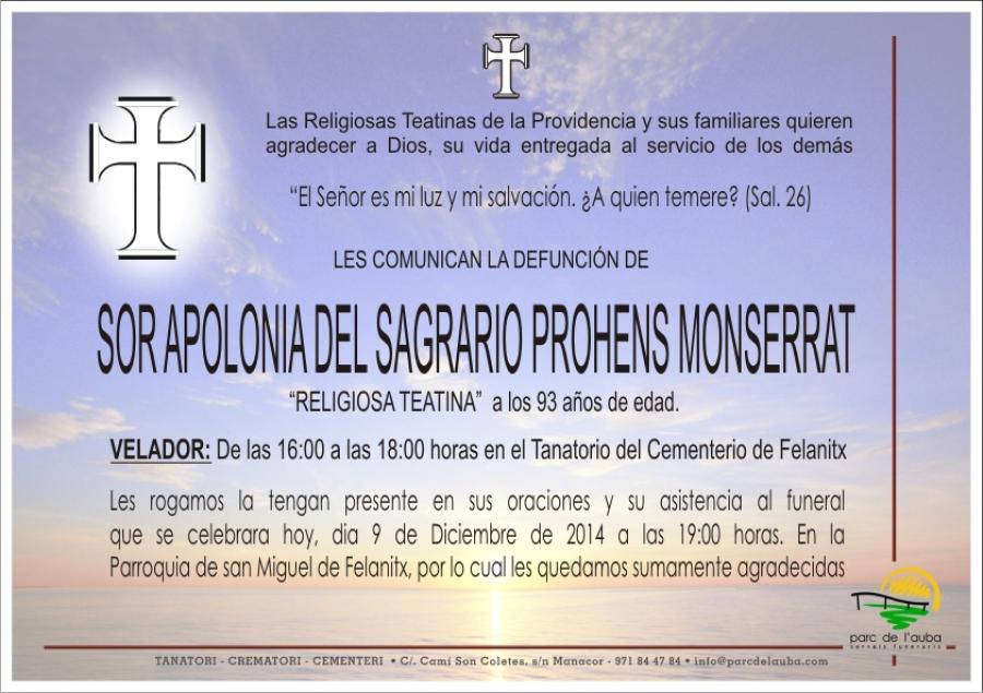 SOR APOLONIA DEL SAGRARIO  PROHENS MONSERRAT