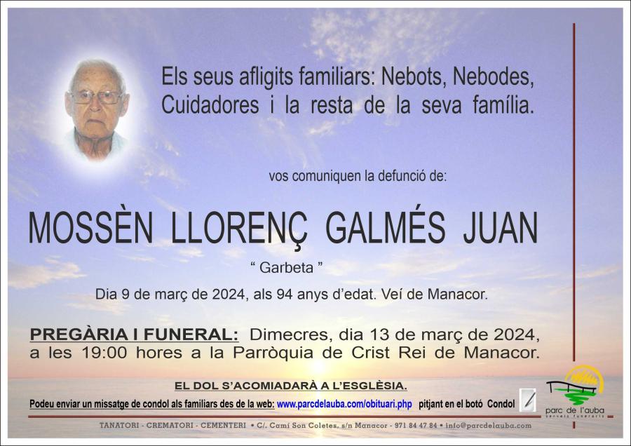 MOSSÈN LLORENÇ GALMÉS JUAN